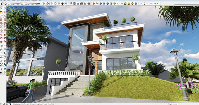 How to design an exterior view of a modern 3 stories house with sketchup