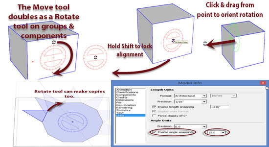 Some useful tips and tricks for rotating objects in sketchup