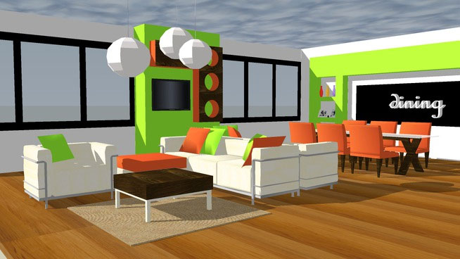 Sketchup model - Living room with dining