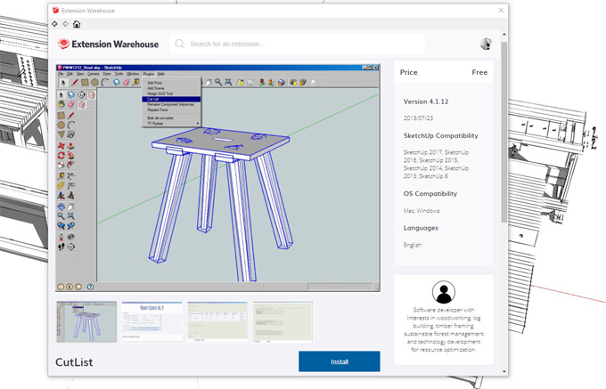 Downloading/Installing CutList 4.1.7 Plugin for SketchUp